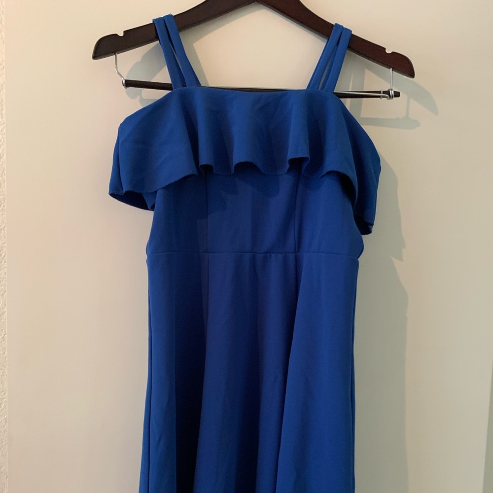 Blue dress, mid rise.